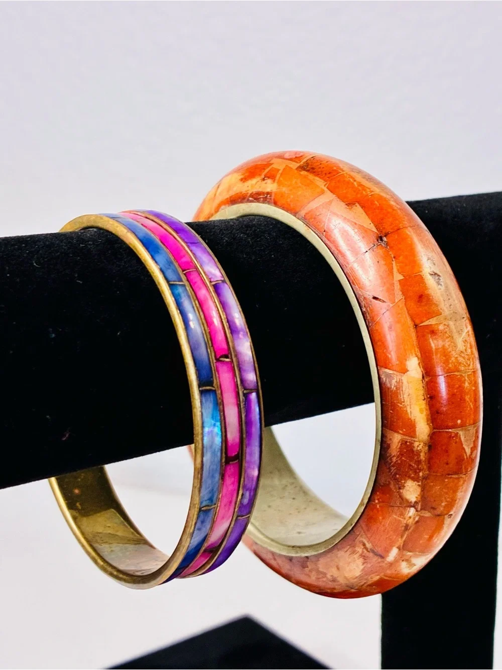 Bold Orange Mosaic Inlay Bangle Bracelet Dyed Mother Of Pearl Blue Pink & Purple